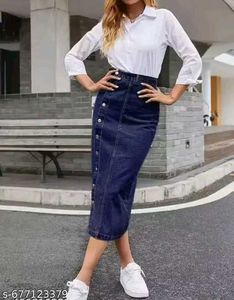 महिलाओं के लिए नीली डेनिम मिडी स्कर्ट | हाई वेस्ट