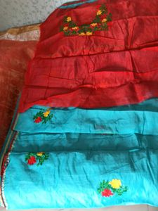 Blue With Red Floral Design ChanderiCotton Saree