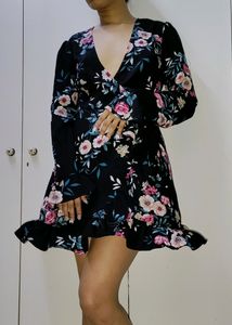 Black Flower Print Wrap Around Dress