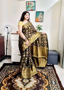 Golden Zari Weaving Black South Silk Saree