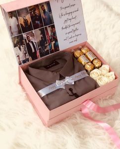 Customize gift hamper box 🖤Matte black finish. Includes_ Shirt, Perfume, Chocolates &amp; Flowers...Can be customize as per your needs...