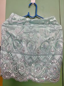 Pastel Blue Green Mini Skirt Net Embroidery Work