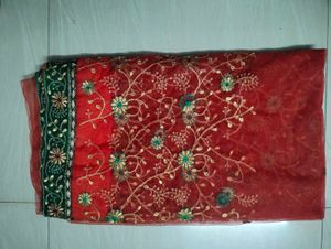 Embroidered Orange &amp; Green Saree Fabric