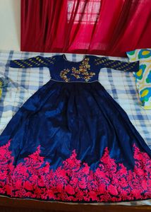 Thread Worked Grand Blue Gown,Full Length
