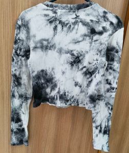 Tie Dye Rib-knit Long Sleeve Bustier Top - Gray