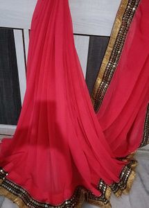 Red And Gold Toned Sequence Embroidered Saree