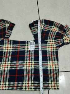 new women crop Plaid Puff Sleeve Top