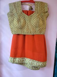 Orange Georgette Saree With 2  Worked Gold Blouse