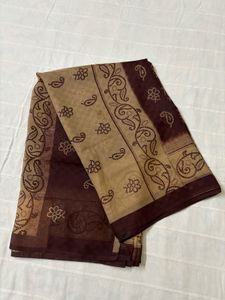 Dark Brown Paisley Print Cotton Saree