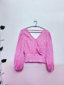 Pink Gingham V-Neck Crop Top