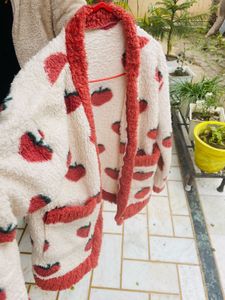 Cute Apple Print Fleece Cardigan