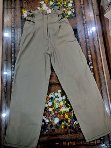 Olive Cotton High Waist Cutout Pants With Side Slit