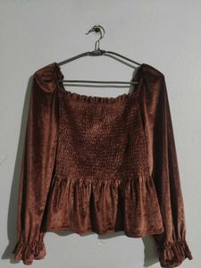 Brown Velvet Smocked Top
