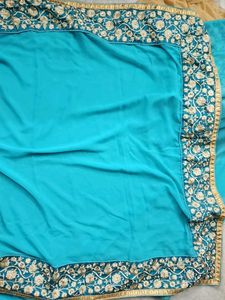 Blue N Golden Sari With Blouse