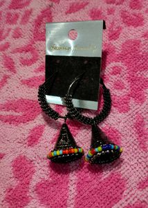 Earrings Black Plated Wid Coloured Beeds