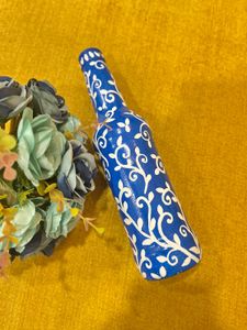 Handpainted Blue Floral Glass Bottle Vase