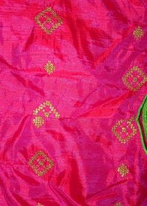 Parrot green saree with boat neck pink blouse