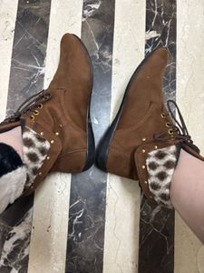 Brown Ankle Boots with Leopard Detail