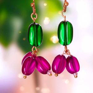 Green & Pink Beaded Dangle Earrings