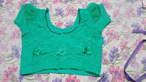 Elegant Green Floral Saree with stitched blouse