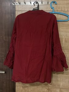 Maroon Cotton Top With Bell Sleeves