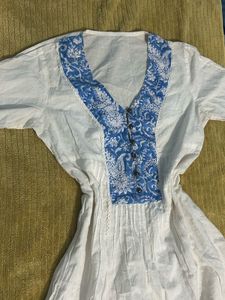 White Kurti with Blue Detail