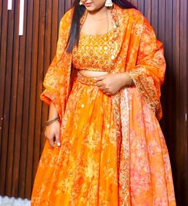 Orange&amp; gold sequined lehanga Myntra