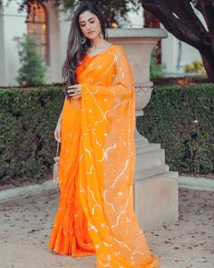 Orange Sitara Jaal Saree With Blouse