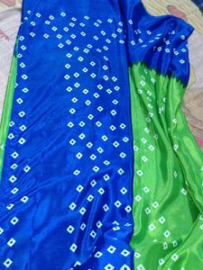 Blue &amp; Green Satin Saree With Blouse 38 Inch