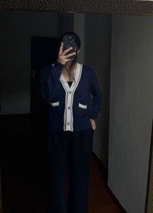 Navy Blue V neck Buttoned Cardigan