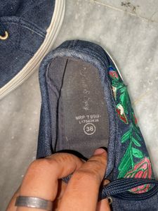 Denim Blue Embroidered Platform Shoes In Size 38