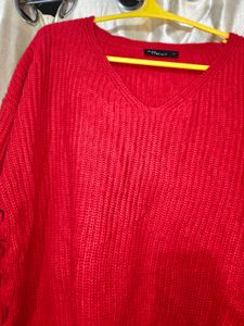 Red Cropped V-Neck Knit Sweater