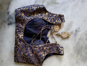 Elegant Blue &amp; Gold Brocade Blouse