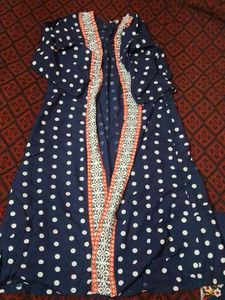 Navy Polka Dot Embroidered Kurti Set