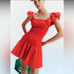 Zara Boho Cotton Bright Red Ruffles Smocked