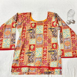 Boho Patchwork Bell Sleeve Short Kurti