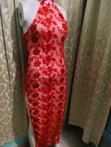 Red Lace Halter Qipao Dress