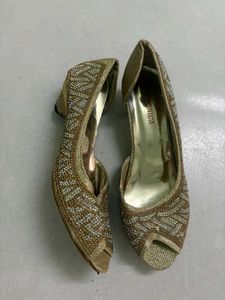 Gold Embellished Peep-Toe Heels
