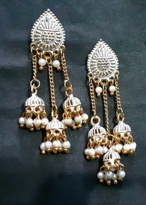 Silver & Gold Jhumka Earrings with Pearl Accents