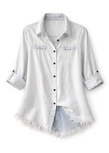 Frayed Hem Denim Button-Up Shirt