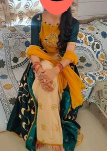 Elegant Teal &amp; Yellow Anarkali Suit