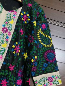 Women Black Cotton Silk Fulkari Embroidery Kurta