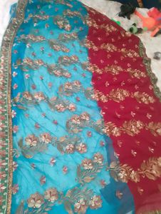 Red And Cyan Saree