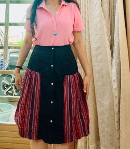 Striped Ethnic Botton Down Skirt With Tags