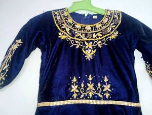 Blue Velvet Embellished Dress With Duppta