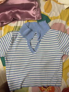 Blue Striped Ribbed Polo Top