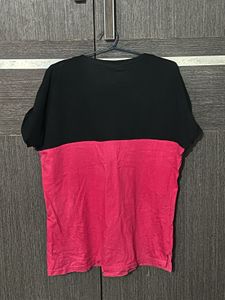 Black &amp; Pink Half-and-Half Cartoon Patch T-shirt