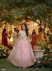Elegant Pink &amp; Gold Embroidered Gown for Festivals