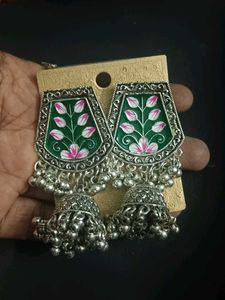 Meenakari Silver Oxidised Jhumka Earrings