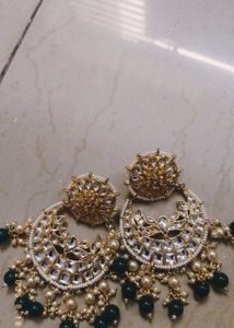 Statement Kundan Earrings - Green & Gold